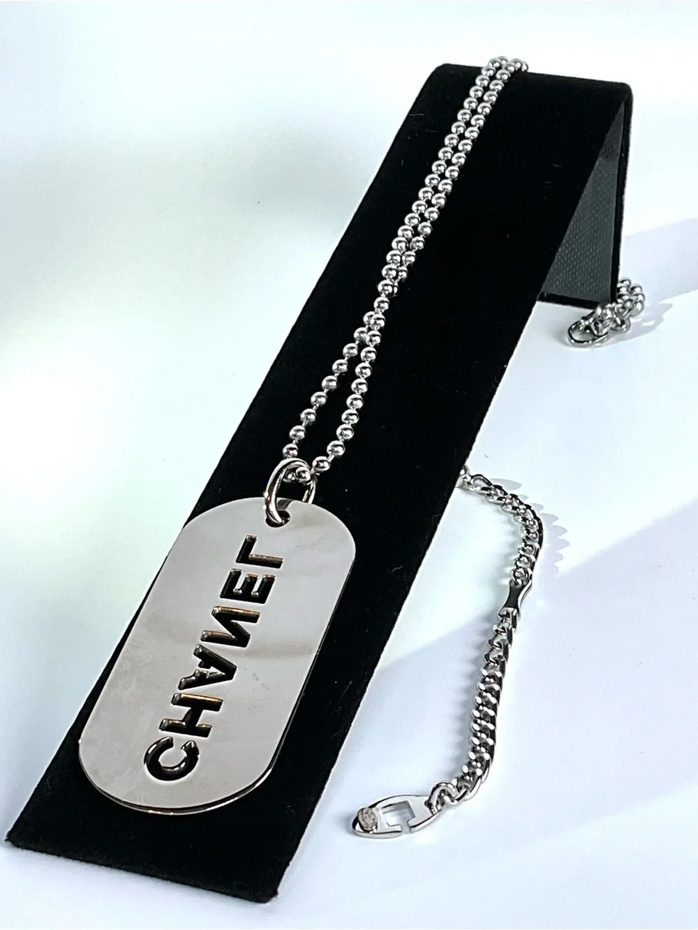 CHANEL Silver Engraved Dog Tag Necklace/Bag Charm